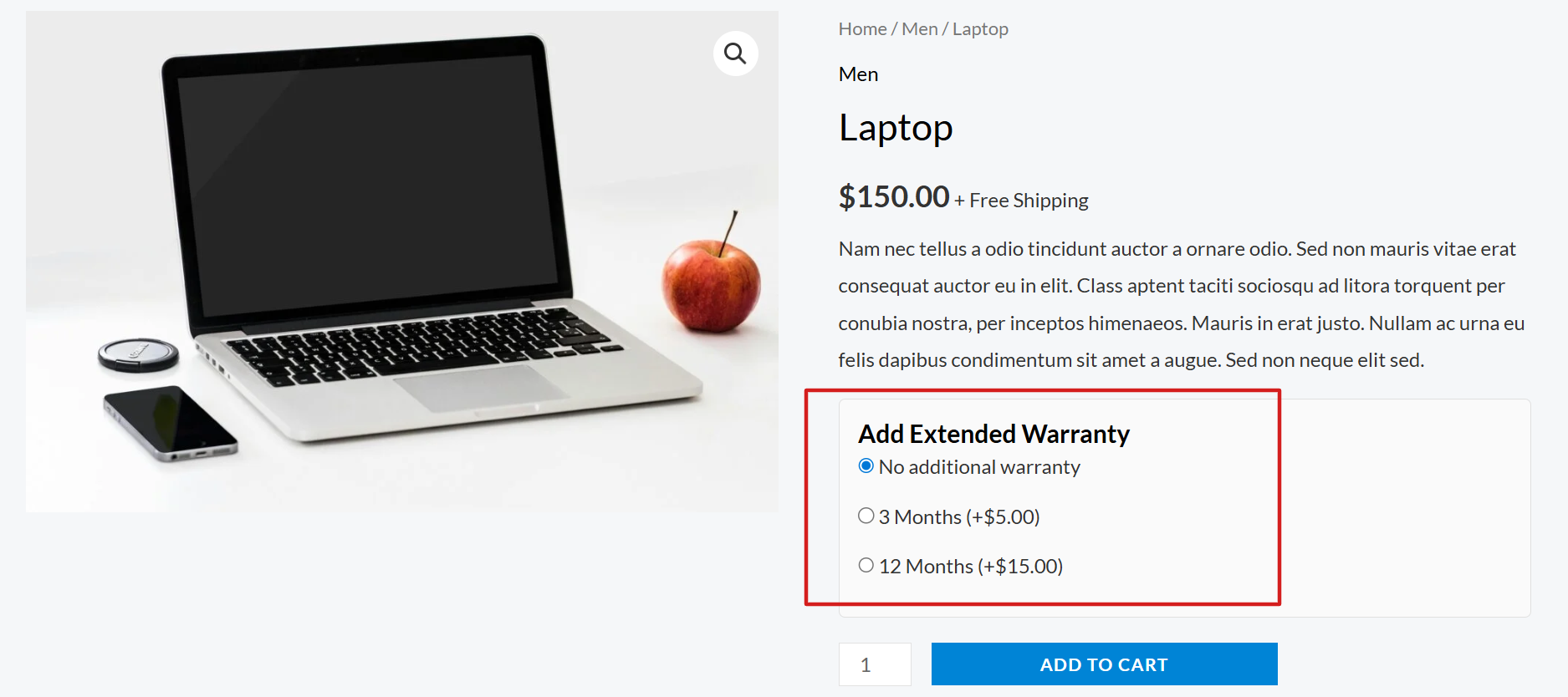 Customers can easily select optional extended warranties right on the product page.