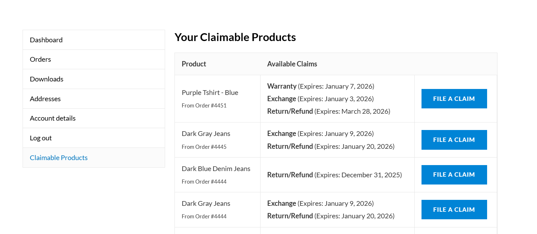 Logged-in users can easily find what are the products available to claim for Warranty/Return/Exchange