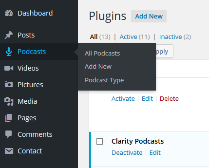 The admin panel option for you to view, or add new podcast in it's own custom post type.