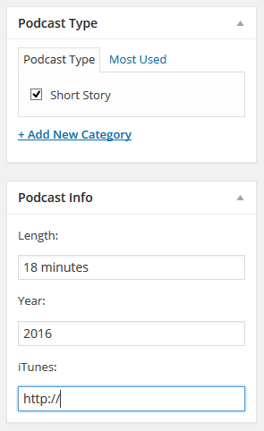 This is a screenshot of the backend options built into the Podcasts custom post type.