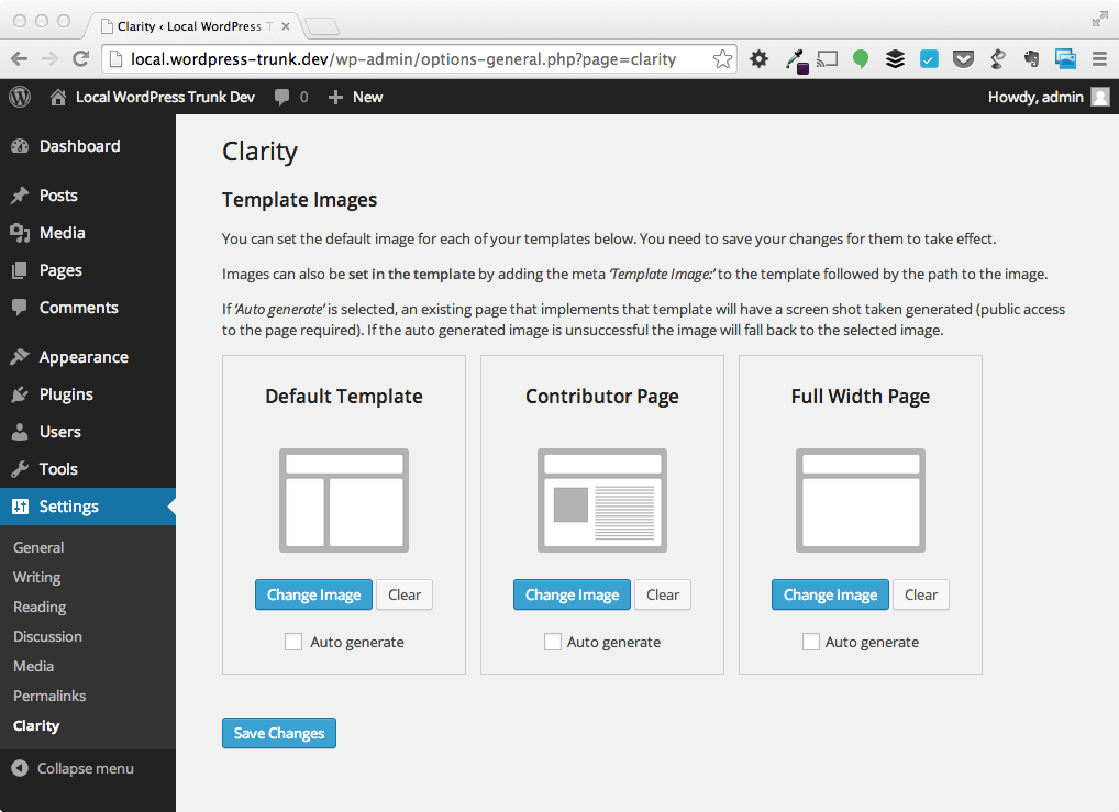 The options page for clarity, lets you upload representations for each template.