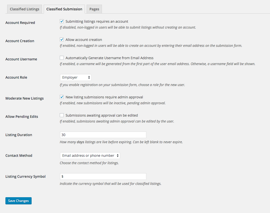 (Backend)  Classifieds submission settings.