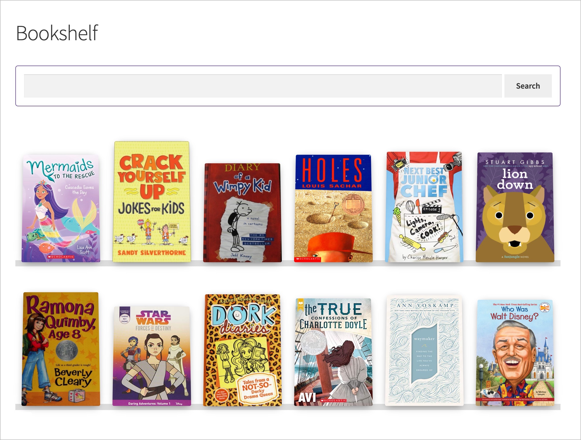 Bookshelf visually listing all publications
