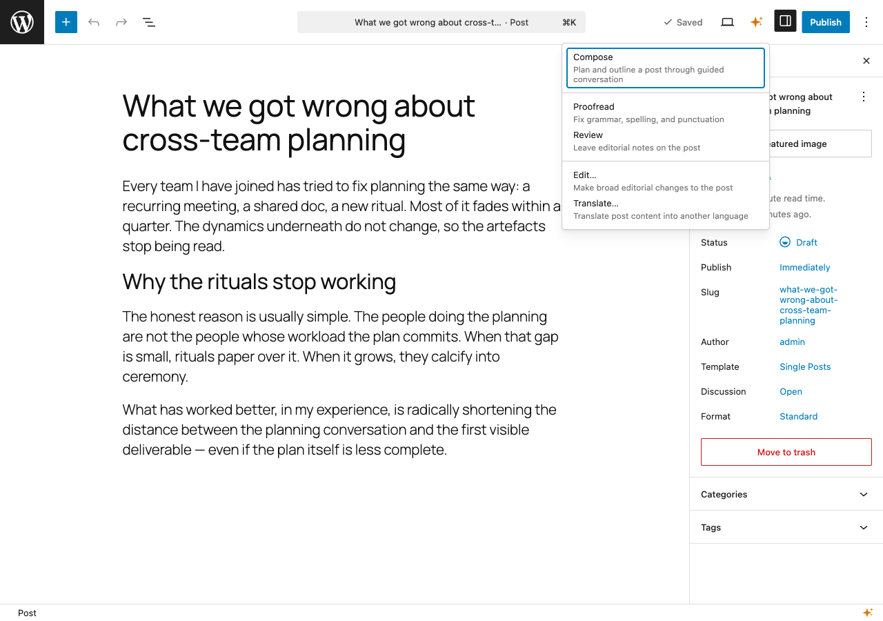 The block toolbar dropdown with AI actions: Proofread, Review, Translate, and Edit.