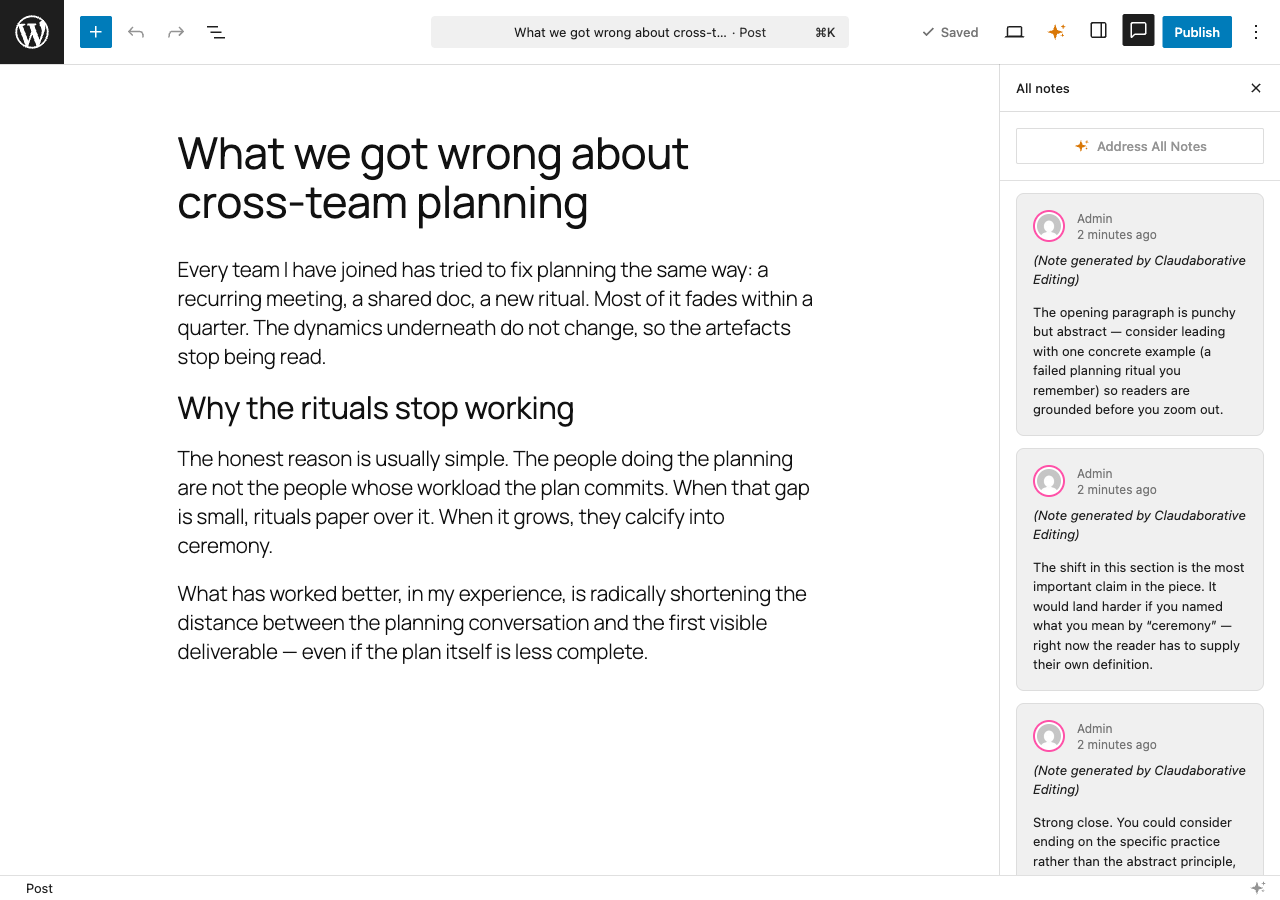 Notes integration in the collaboration sidebar, with per-note action buttons and an address-all-notes control.