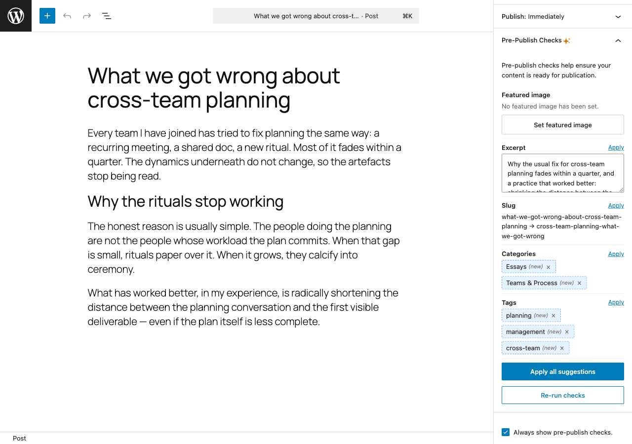 The pre-publish checks panel, with AI-suggested excerpt, categories, tags, and slug.