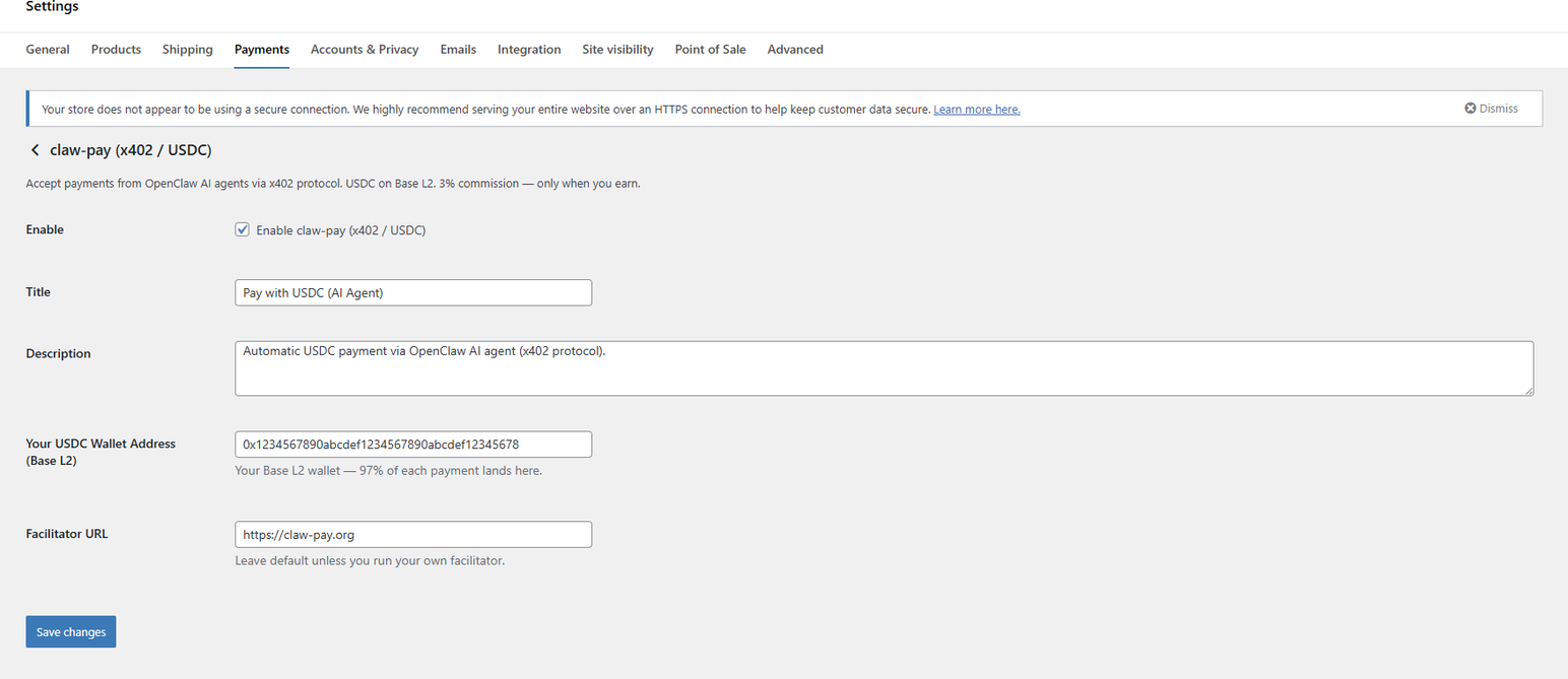 claw-pay settings page — enable toggle, wallet address, facilitator URL