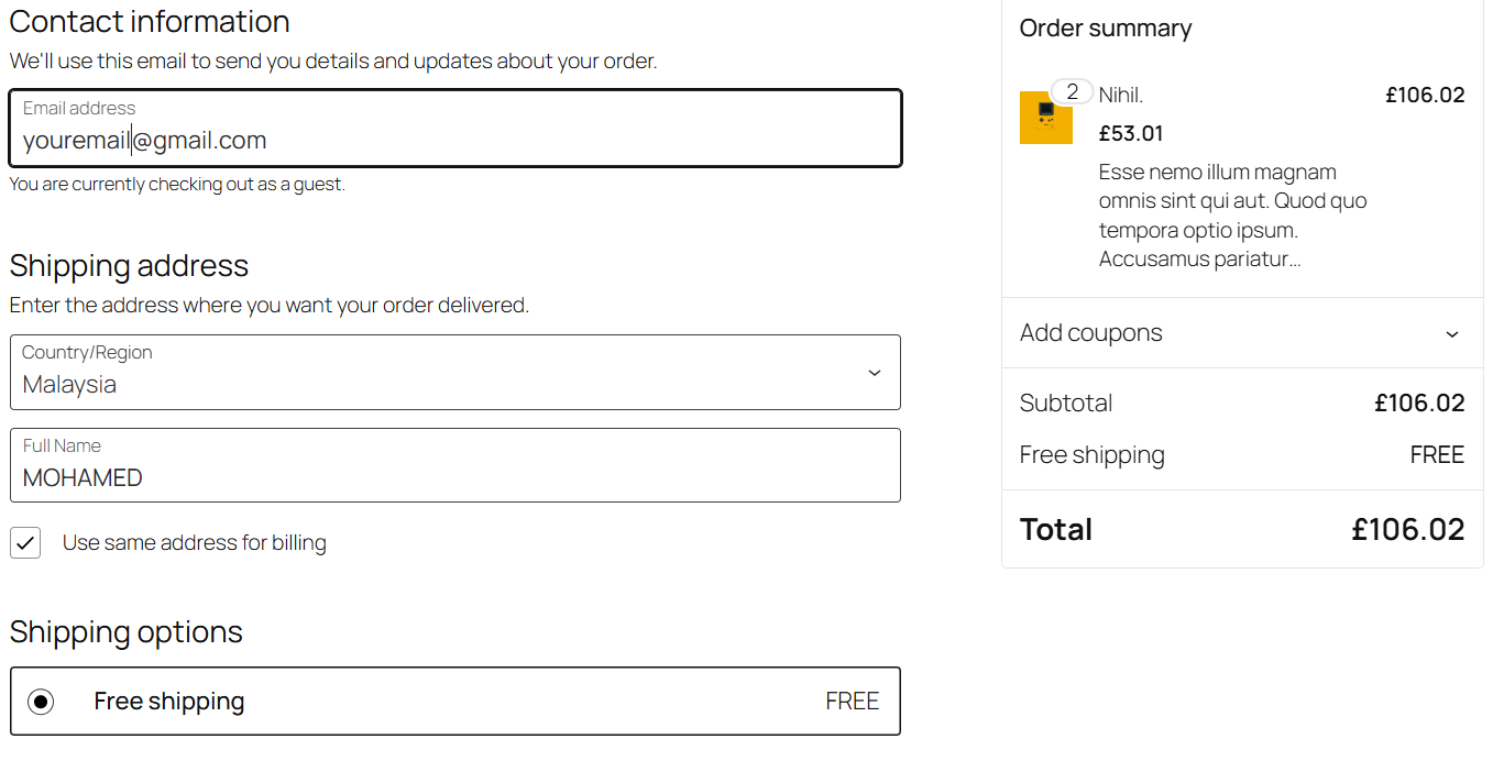 **Block Checkout with Full Name and Country Fields** — Example showing the Full Name field enabled in block checkout.