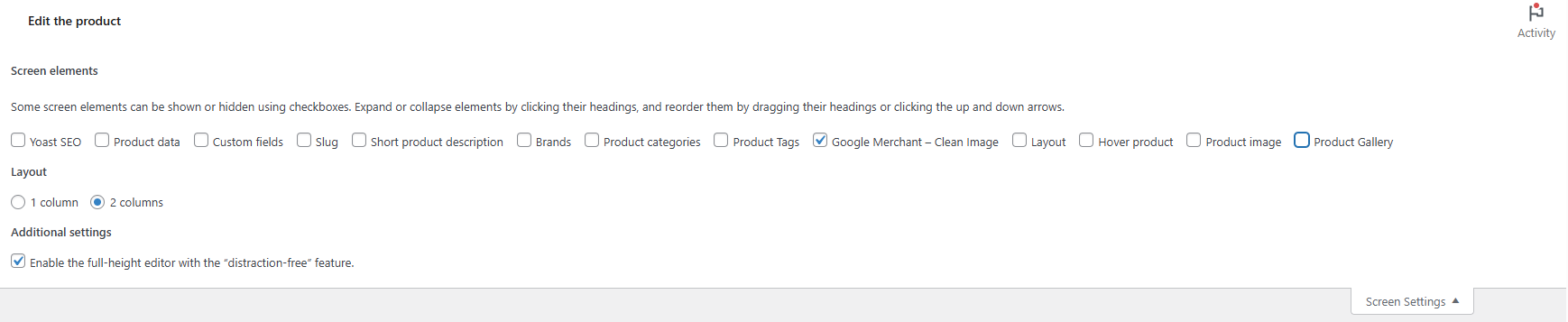 The “Screen Settings” panel in the WooCommerce product edit screen, where the “Google Merchant – Clean Image” meta box can be enabled or disabled.