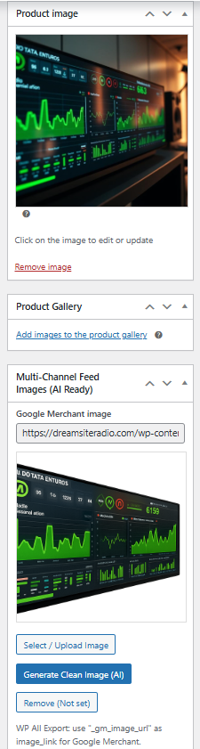 In-product Generate Clean Image (AI) button - WooCommerce product main image vs AI Clean Image (PRO)