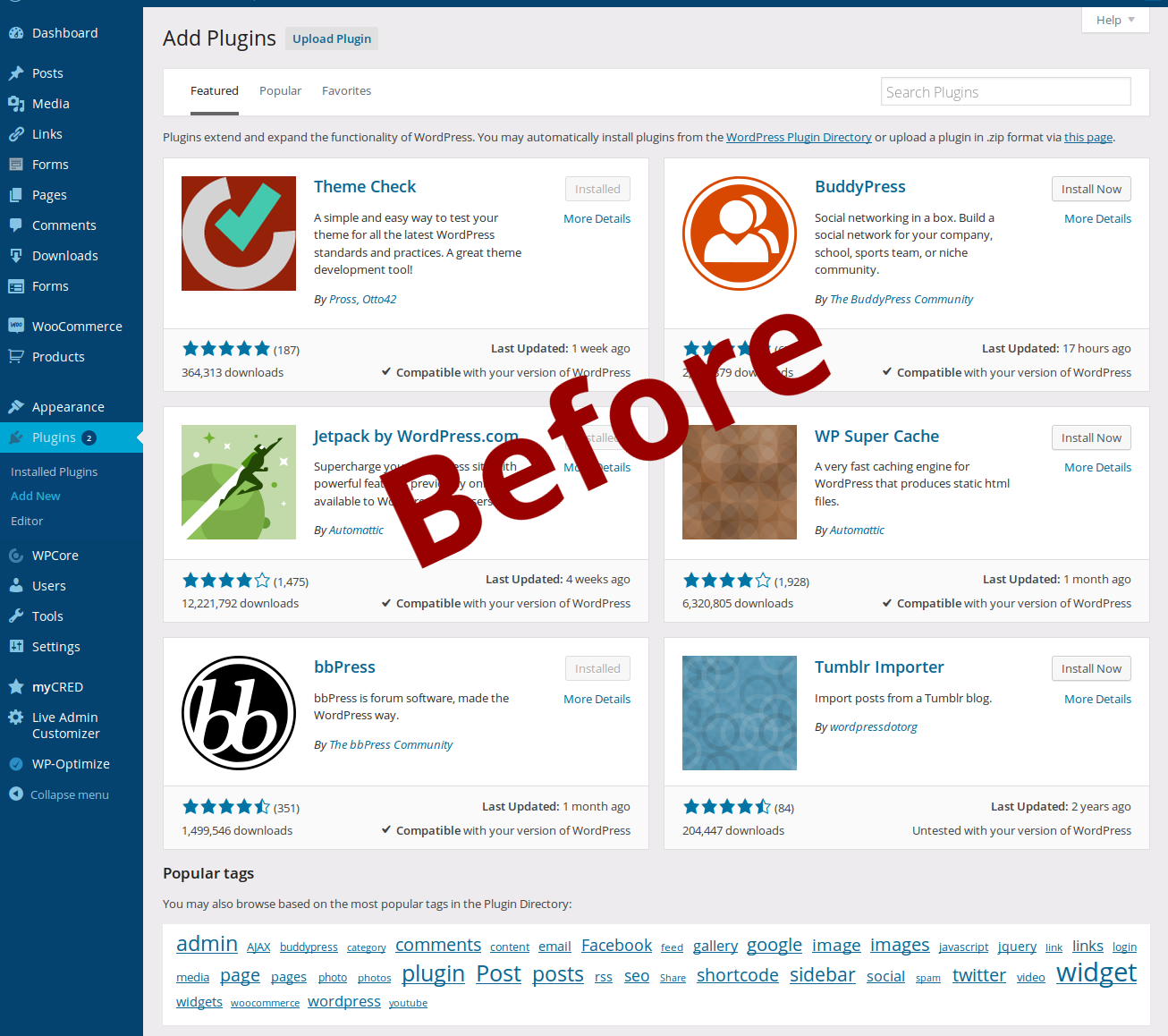 Cleaner Plugin Installer: BEFORE view of the "Plugins > Add Plugins" admin page (Add New). ([Click here for larger version of screenshot](https://www.dropbox.com/s/wpjgjatt0ipvoh6/screenshot-1.png?dl=0))