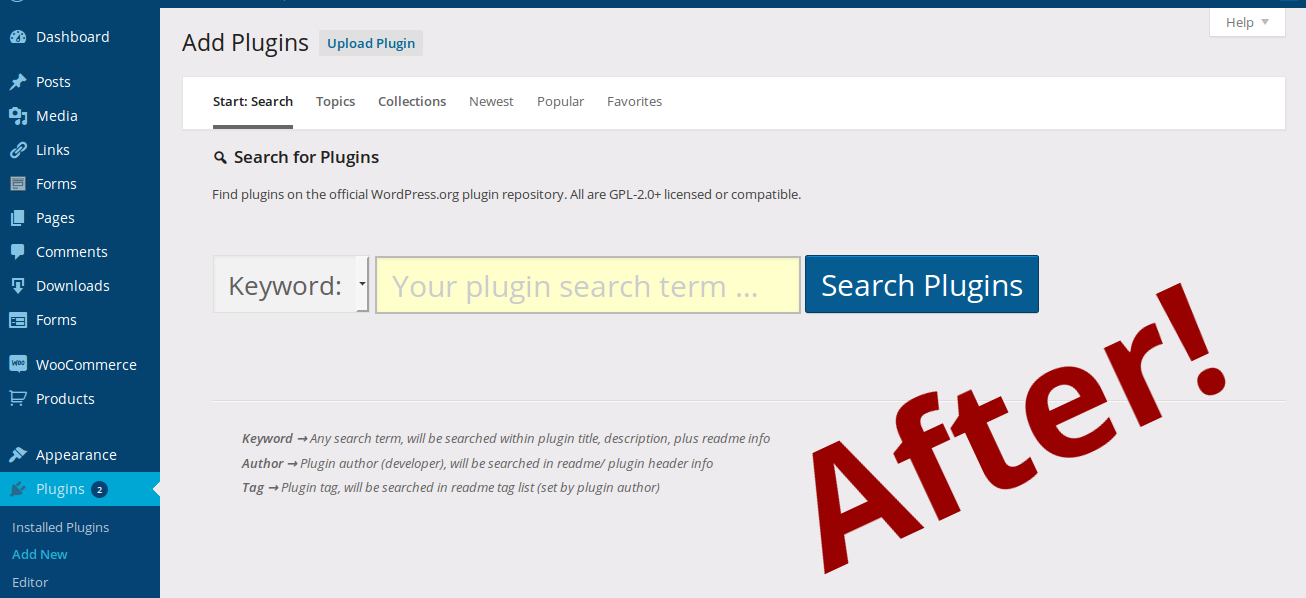 Cleaner Plugin Installer: AFTER view of the "Plugins > Add Plugins" admin page (Add New), after activating this plugin. ([Click here for larger version of screenshot](https://www.dropbox.com/s/sclx8djssnngnqa/screenshot-2.png?dl=0))