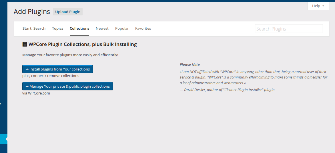 Cleaner Plugin Installer: Additional "Collections" tab ([Click here for larger version of screenshot](https://www.dropbox.com/s/tioagtmipl7pzrd/screenshot-4.png?dl=0))