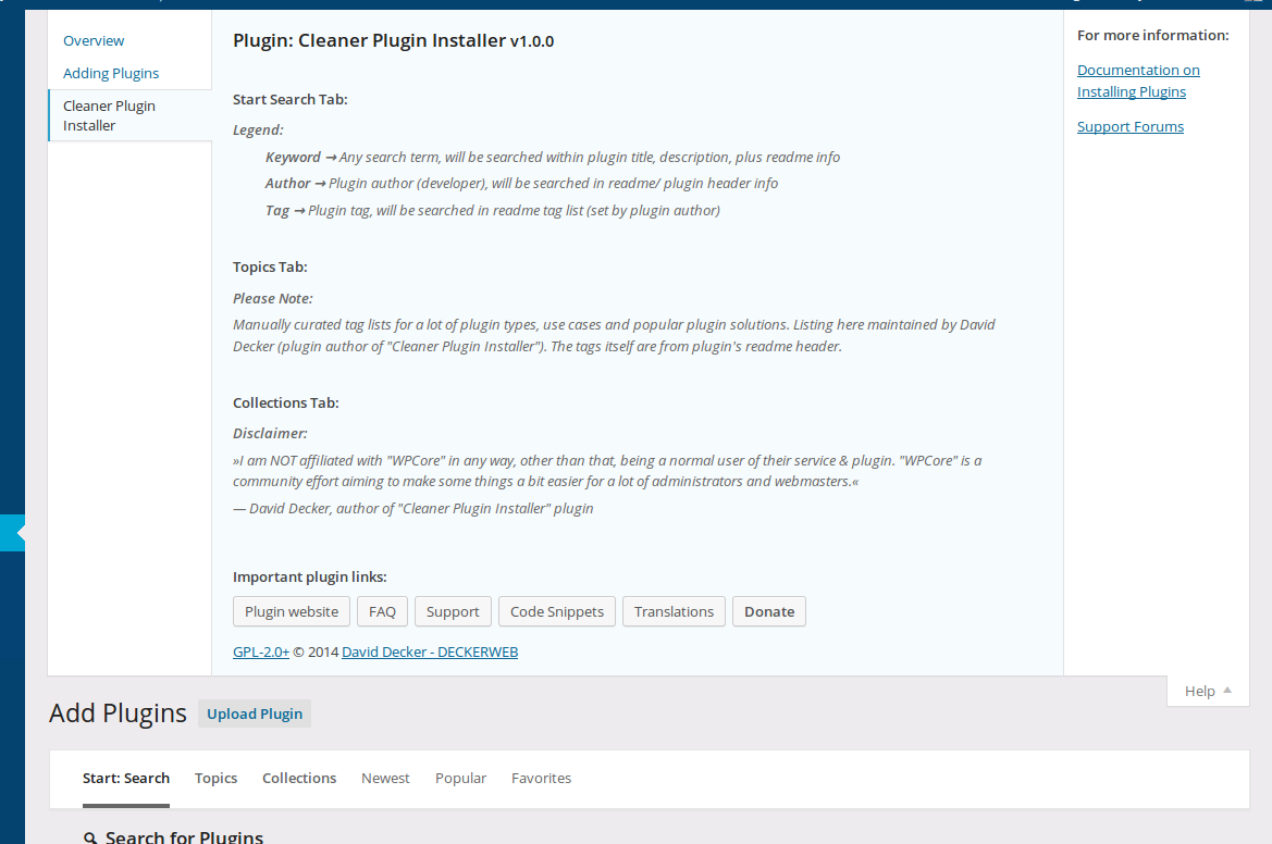 Cleaner Plugin Installer: Plugin's help tab. ([Click here for larger version of screenshot](https://www.dropbox.com/s/f8cex53no2go08s/screenshot-11.png?dl=0))