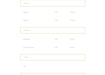 Transparent billing of rooms, offers and amenities chosen with built in tax calculations and sub totals.