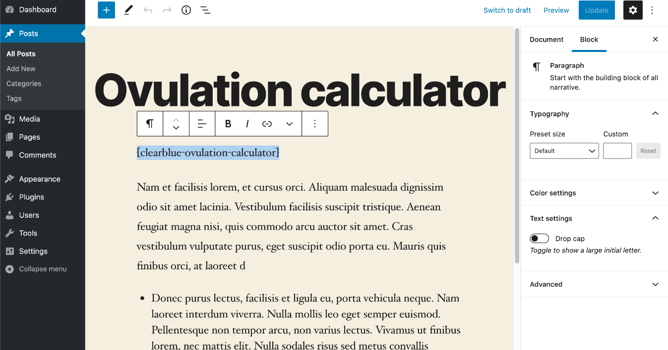 Example of shortcode in a back-office page.