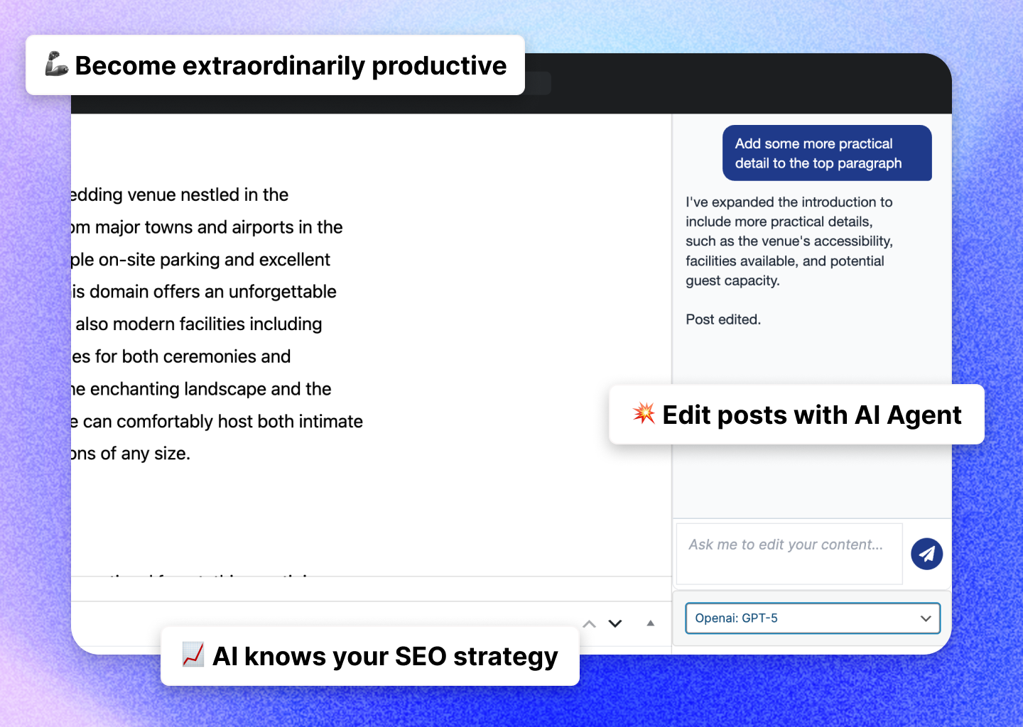 Just tell the AI Editor Agent what you want changed, and it will apply the edits. Post editing on hyperspeed, loaded up with context of your whole marketing strategy.