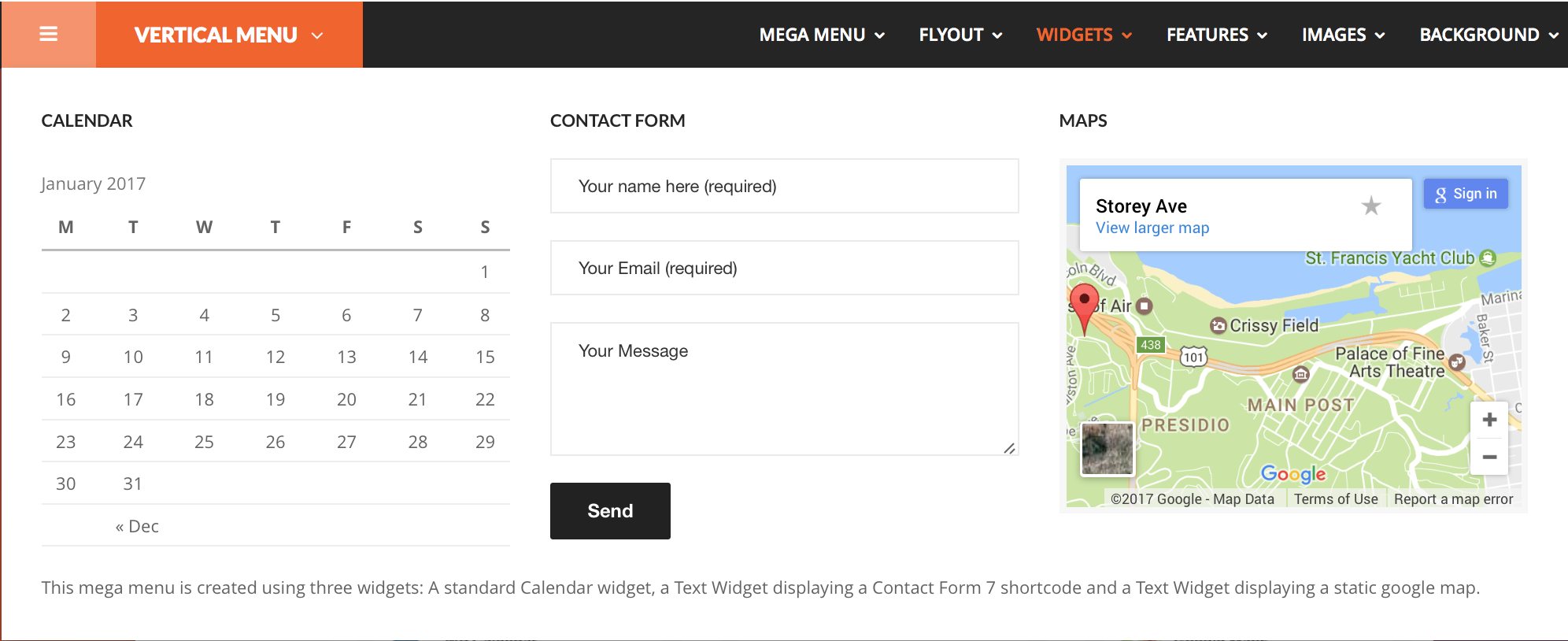 Front-end screen of the <strong>Widgets</strong> menu item.