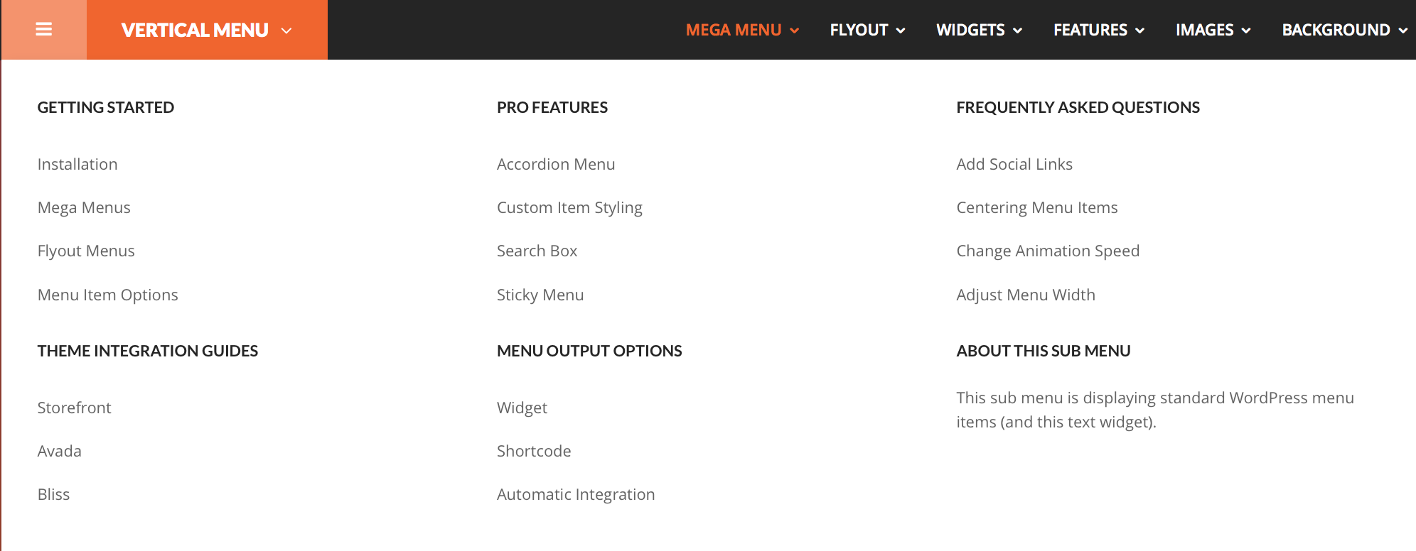 Other front-end screen of a multiple WP Custom Menu inside a mega panel.