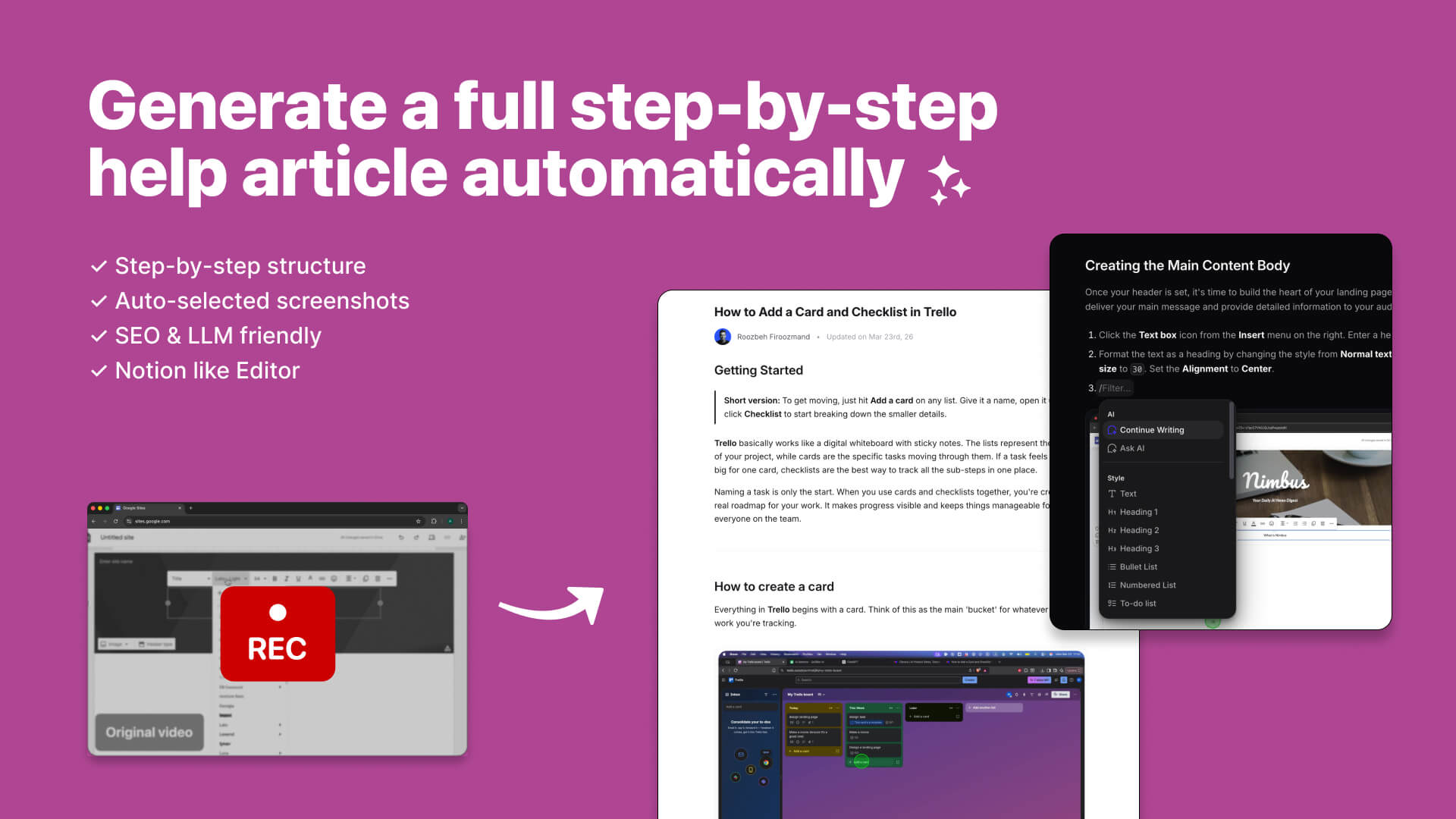 In Clevera: full step-by-step help articles generated automatically from your screencasts.