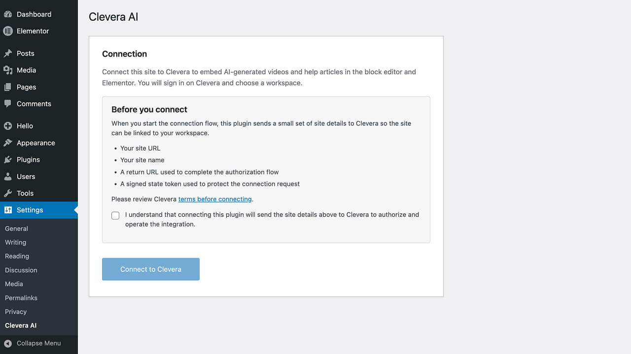 WordPress **Settings → Clevera AI**: connection disclosure, **Connect to Clevera**, and status when not yet linked.