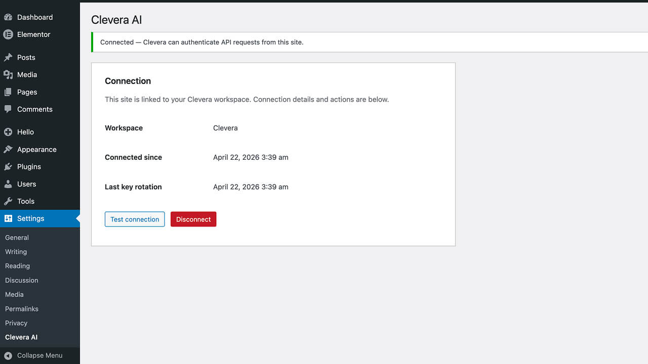 WordPress **Settings → Clevera AI** when connected: workspace status, disconnect, and a quick check that the site can reach Clevera.