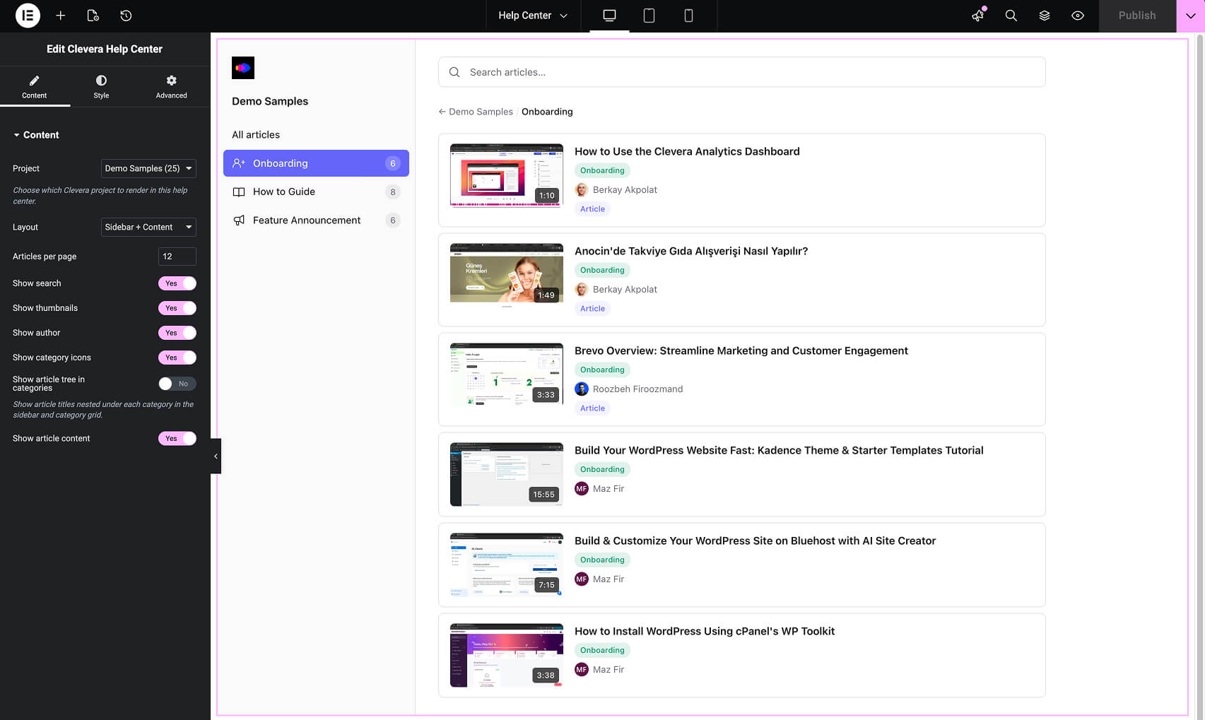 **Clevera Help Center** widget in Elementor with a Clevera project selected.