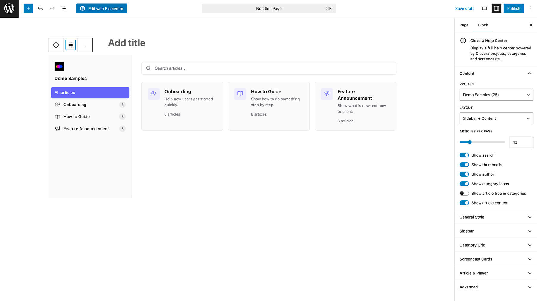 **Clevera Help Center** block in the block editor (Gutenberg) with a Clevera project selected.