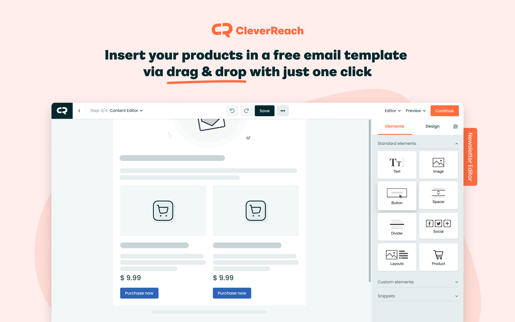Insert your products in a free email template via drag & drop with just one click
