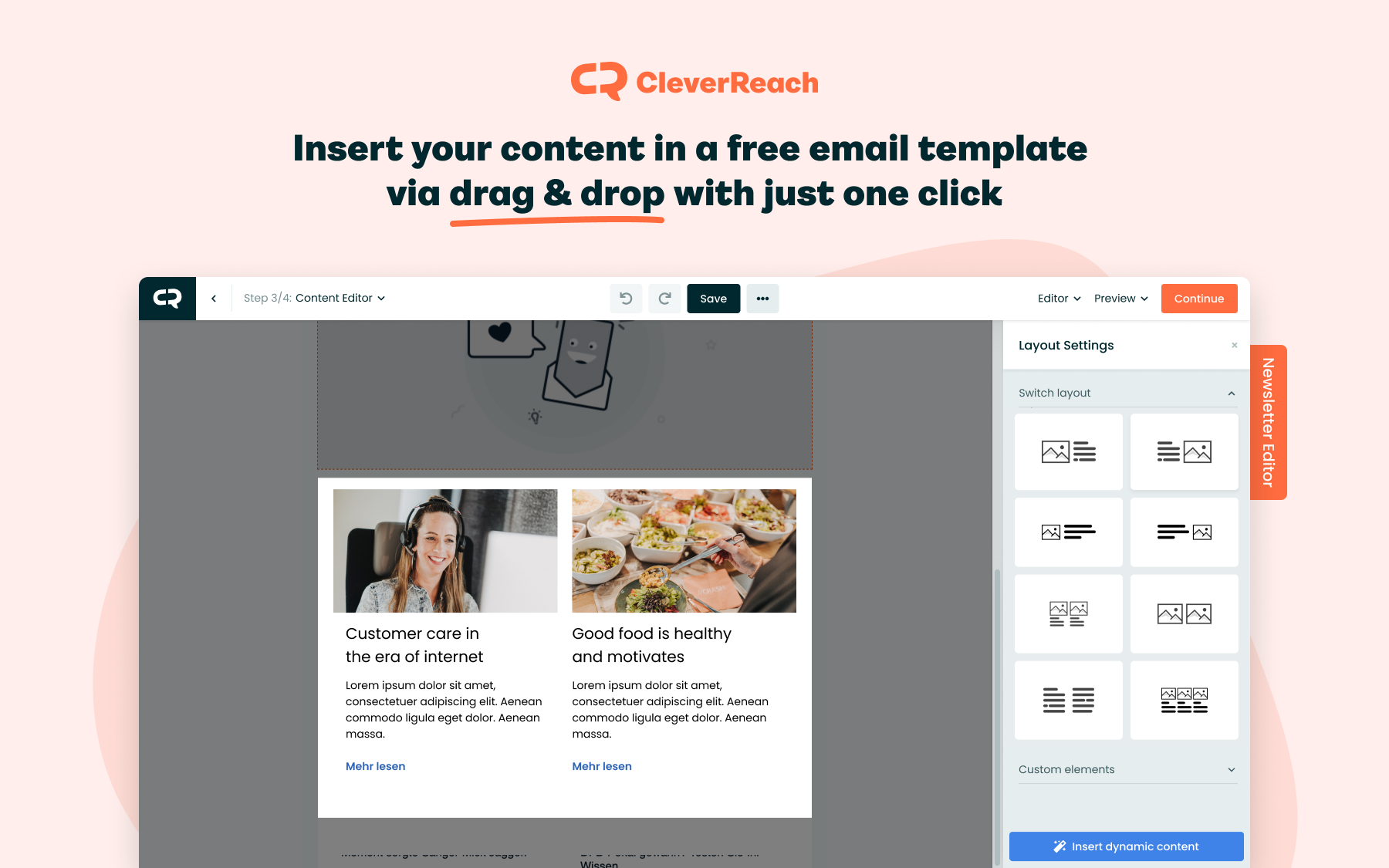 Insert your content in a free email template via drag & drop with just one click