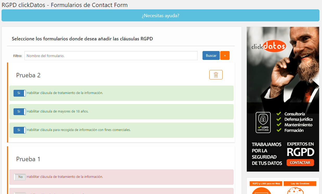 Inserción de clausulas en formularios contact-form back-end