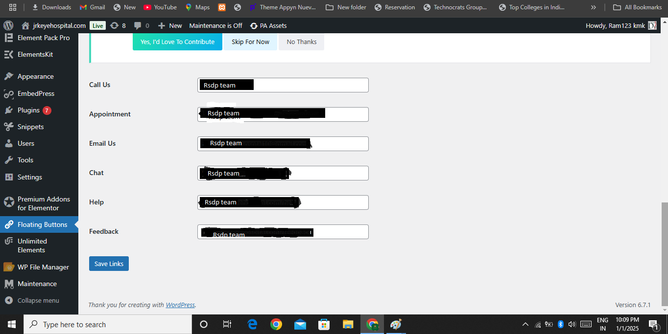 **Contact buttons setup** - Simple configuration for setting links for WhatsApp, Call, Appointment, etc.