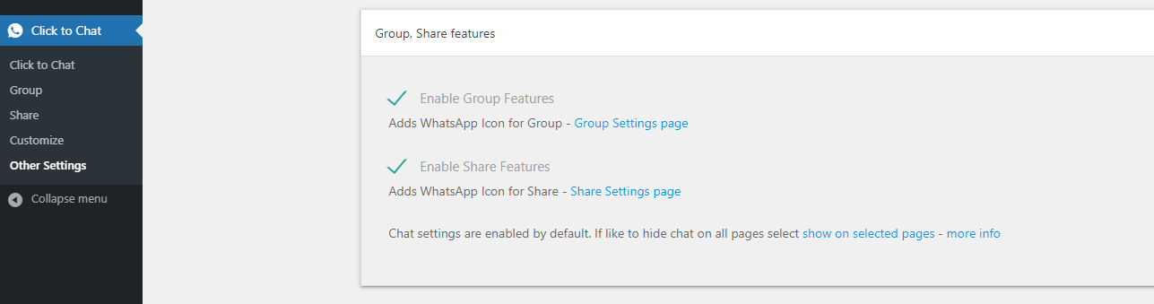 Chat Settings - Enter WhatsApp Number, prefilled message, call to action, desktop: web view / desktop app view