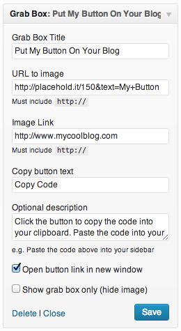 The plugin adds a widget that makes it easy to display a grab box in your sidebar.