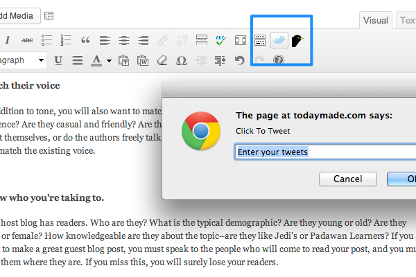 Easily add click to tweets boxes with a single click.