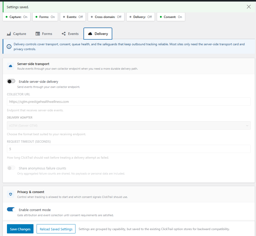 Unified ClickTrail settings organized into Capture, Forms, Events, and Delivery.