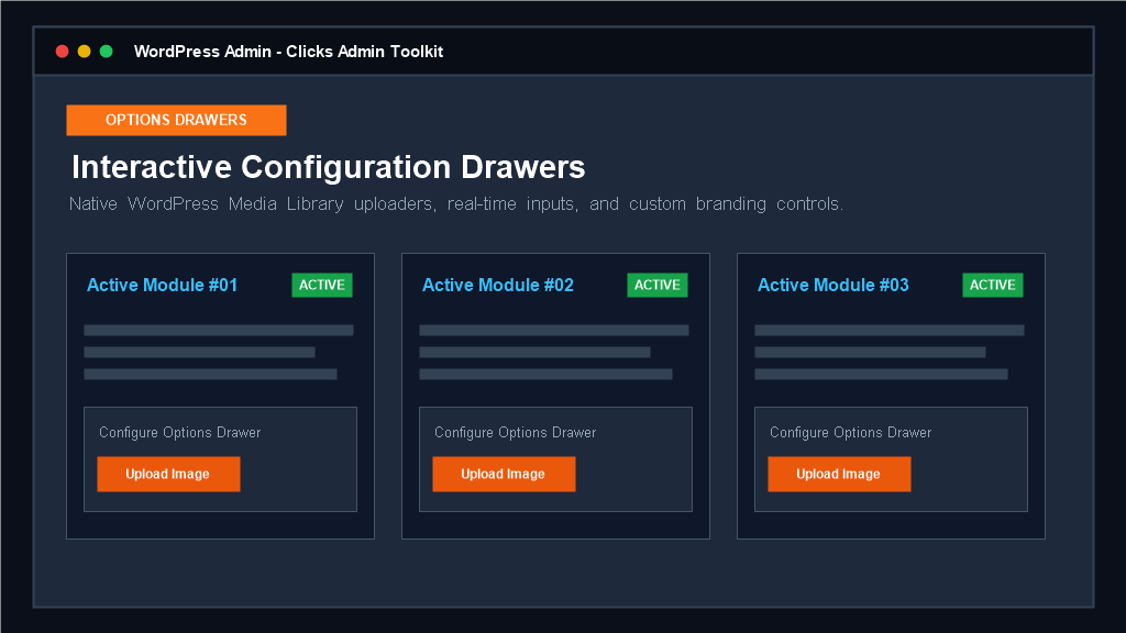 **Native Media Library Configuration Drawers** — Slide-out option panels with WordPress Media Library pickers, color inputs, and live previews.