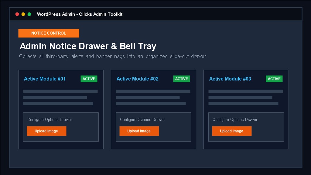 **Admin Notice Drawer & Bell Tray** — Floating notification bell that captures all third-party plugin nags and banners into a clean slide-out tray.