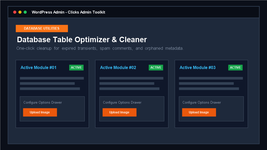**Database Optimizer & Transient Cleaner** — One-click AJAX cleanup for expired transients, spam comments, trashed posts, and orphaned metadata.