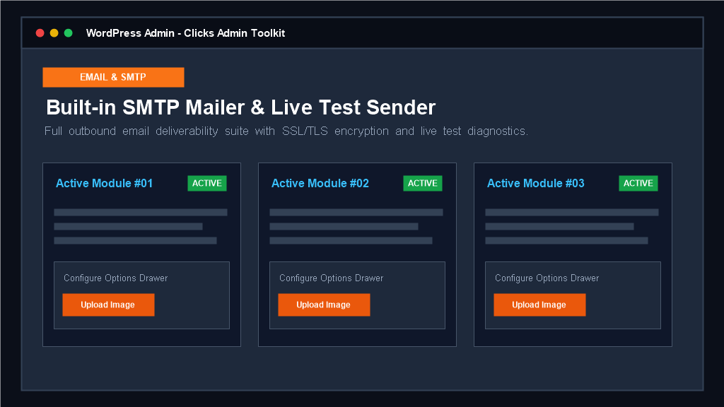 **Built-in SMTP Mailer & Live Test Sender** — Complete outbound email configuration with SSL/TLS encryption and instant diagnostic test emails.