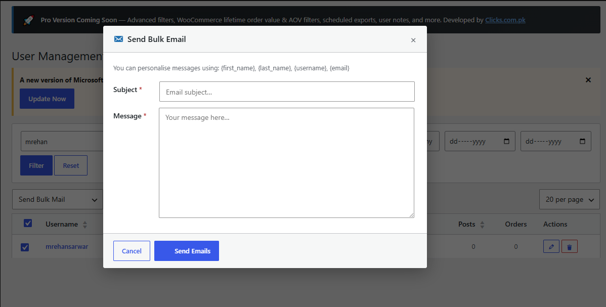 Bulk email compose modal.
