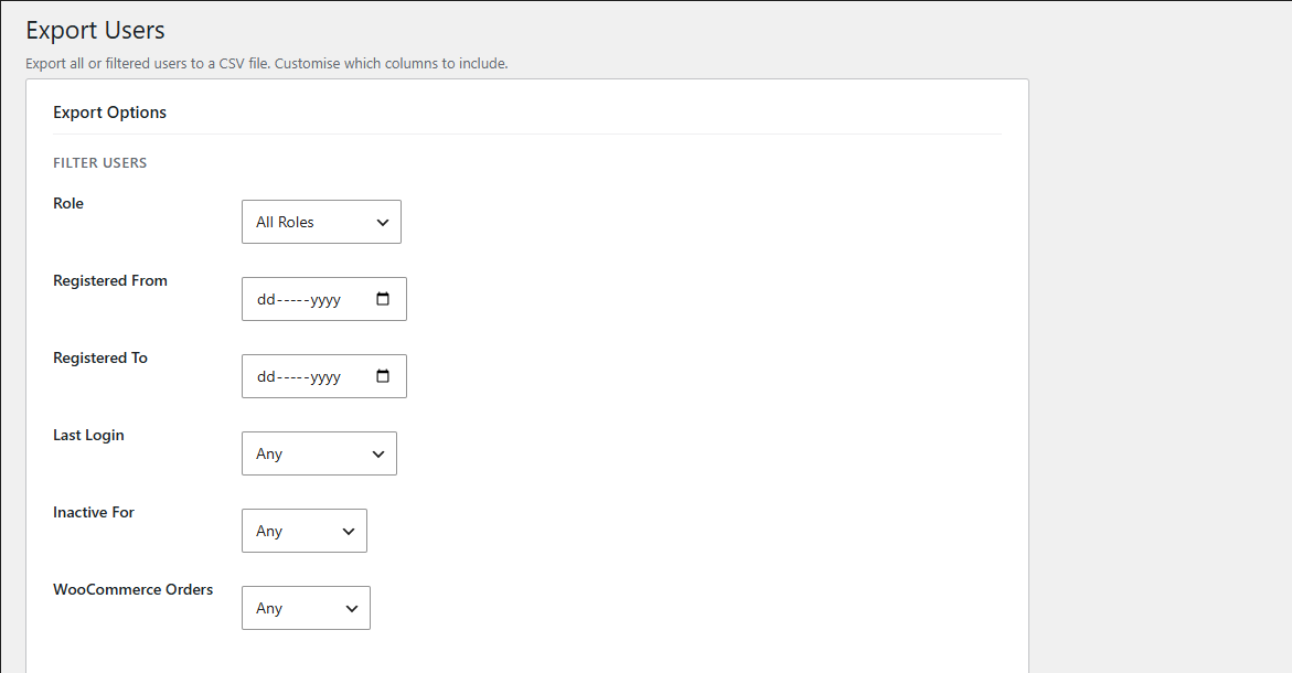 CSV export page with column selector.