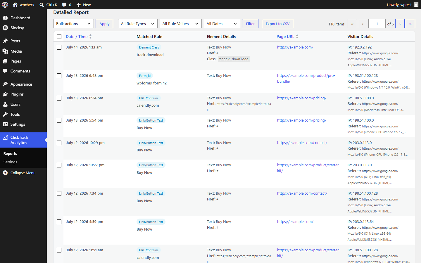 The settings page to define tracking rules and privacy options.