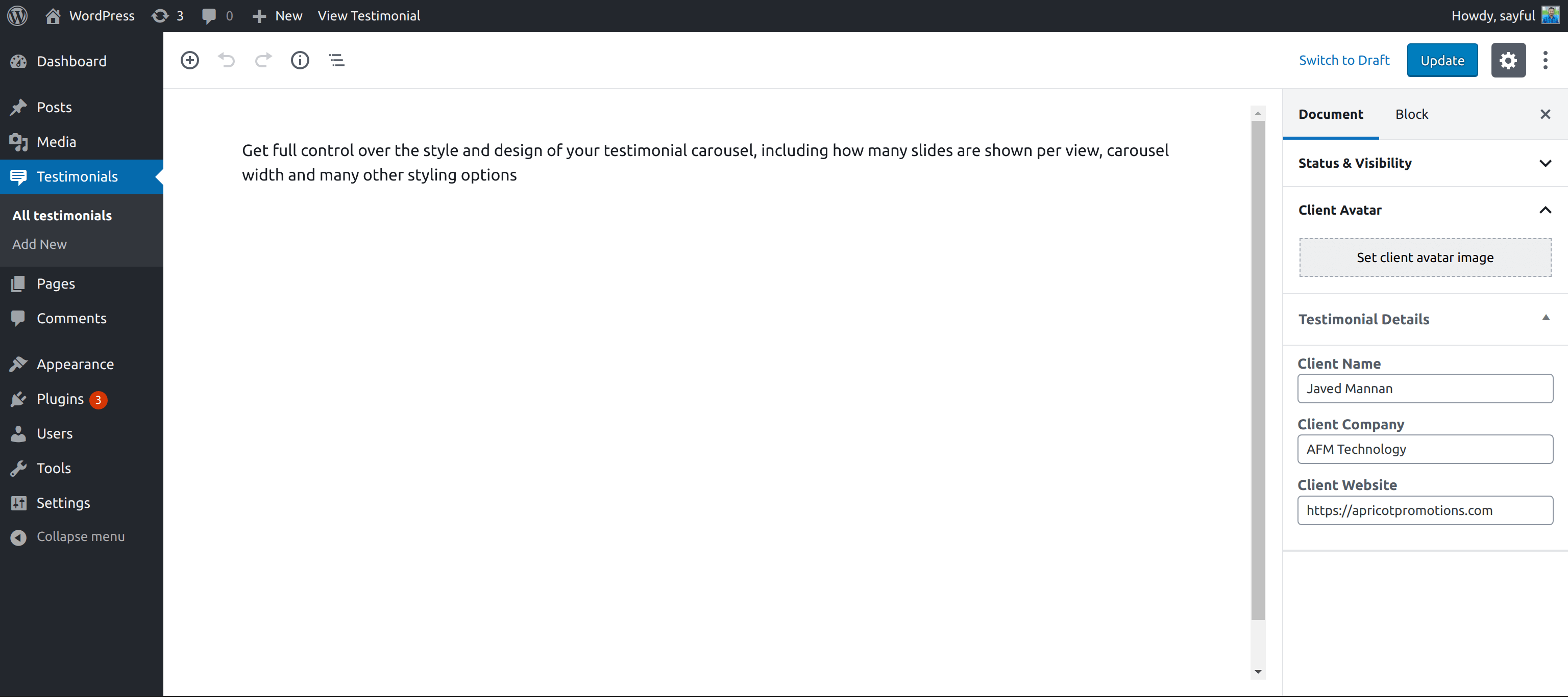 Client testimonials admin list page.