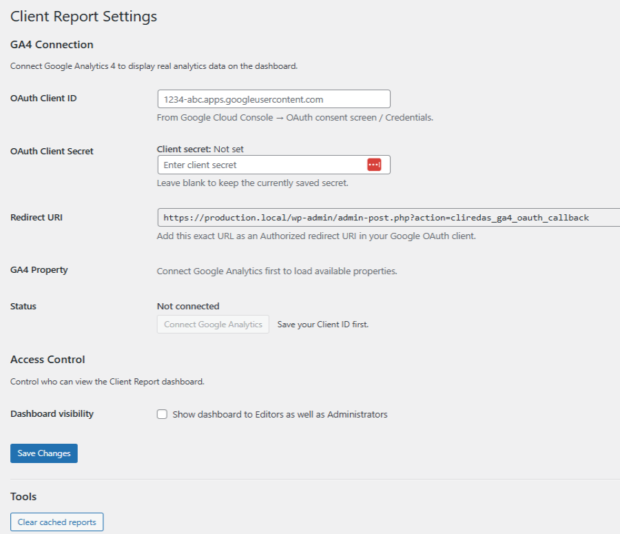 Settings page (OAuth credentials, connect/disconnect, property selection).