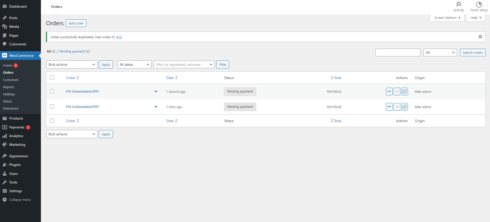 WooCommerce Orders Index - Showing duplicate success message with link to newly cloned order.