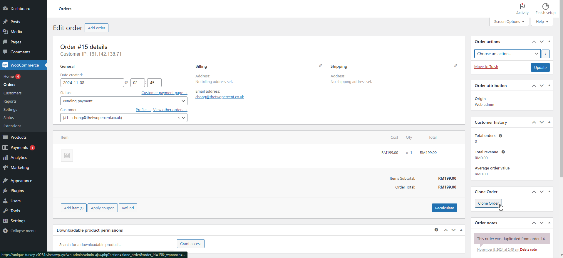 WooCommerce Edit Order - Showing Clone Order metabox available in sidebar.