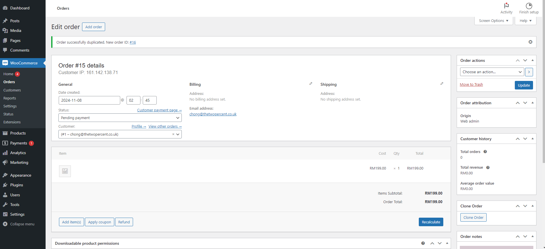 WooCommerce Edit Order - Showing duplicates success message with link to newly cloned order.