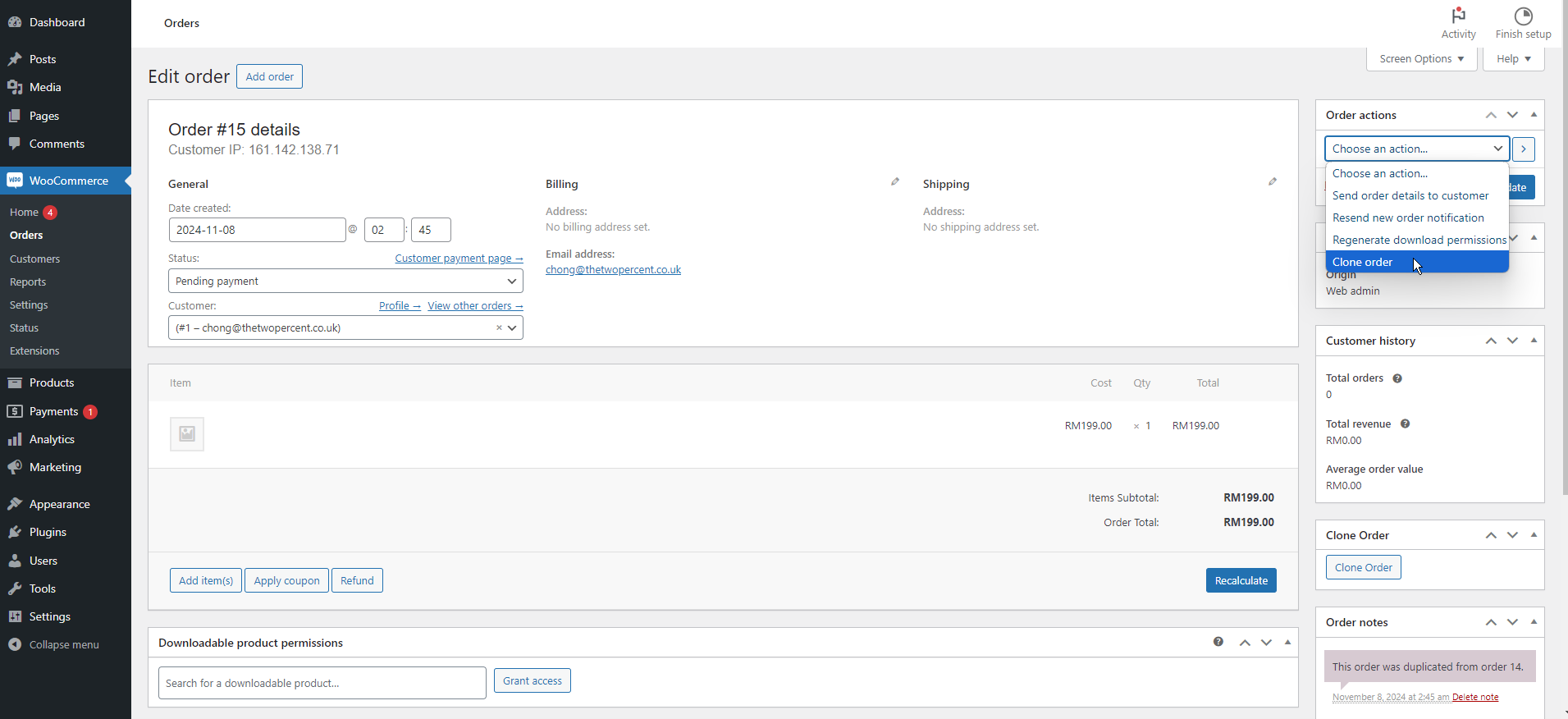 WooCommerce Edit Order - Showing Clone Order option in Order Actions.
