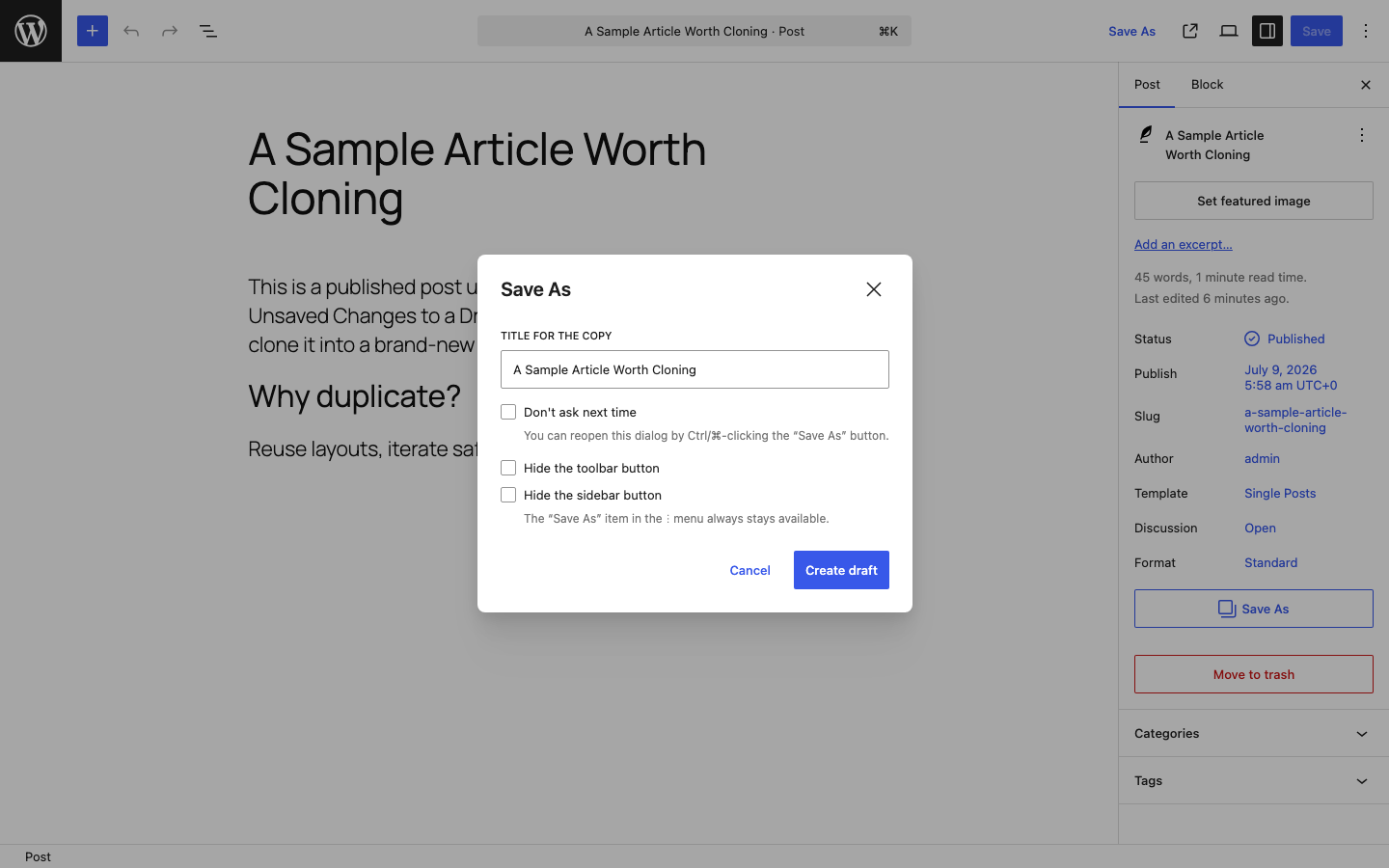 The Save As dialog with title, "don't ask", and visibility options.